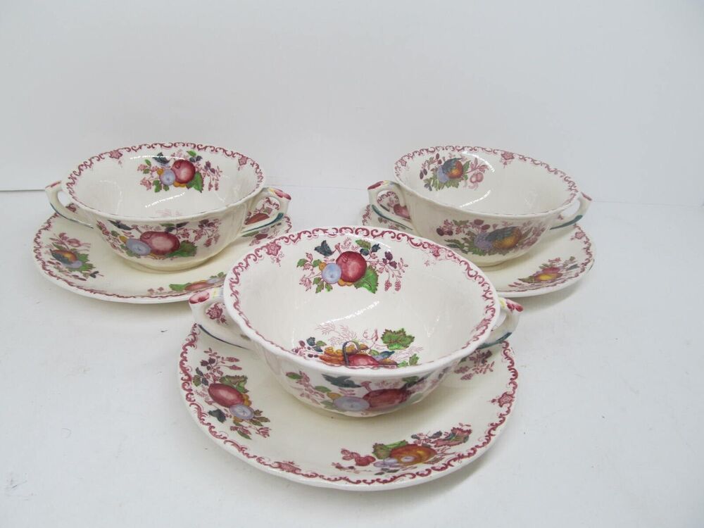 Masons Vintage Ironstone Fruit Basket Set Of 3 Cream Soup Bowls With Saucers